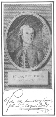 Portrait and autograph of Pierre Jacquet-Droz. Born 1721, died 1790. From the brochure issued by the Society of History and Archæology, Canton of Neuchâtel, Switzerland.