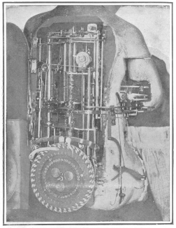 View of the mechanism which operates the Jacquet-Droz writing automaton. From the brochure issued by the Society of History and Archæology, Canton of Neuchâtel, Switzerland.