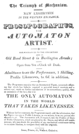 Handbill advertising the fake automatic artist, exhibited also at 161 Strand, London, May 7th, 1826. From the Harry Houdini Collection.