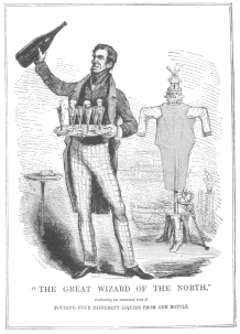 Reproduction of a political cartoon in Punch, published during Anderson’s London engagement, April, 1843, proving that the “Inexhaustible Bottle Trick” was used by Anderson before Robert-Houdin was a professional entertainer. From the Harry Houdini Collection.