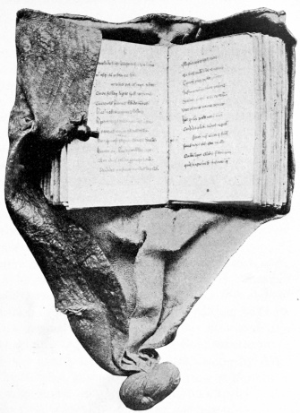 Fifteenth-century English manuscript on vellum, “De Consolatione Philosophiæ.” Rubricated throughout. Its chief interest is the contemporary binding, consisting of the usual oak boards covered with pink deerskin, let into another piece of deerskin which completely surrounds it and terminates in a large knot. A clasp fastens the outer cover. It was evidently intended to be worn at the girdle. The British Museum possesses very few bindings of this character and these service books. Lay books are of even greater rarity.