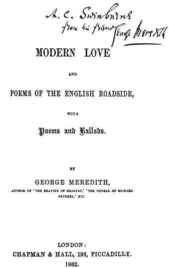 Title of Meredith’s “Modern Love,” with Autograph Inscription to Swinburne