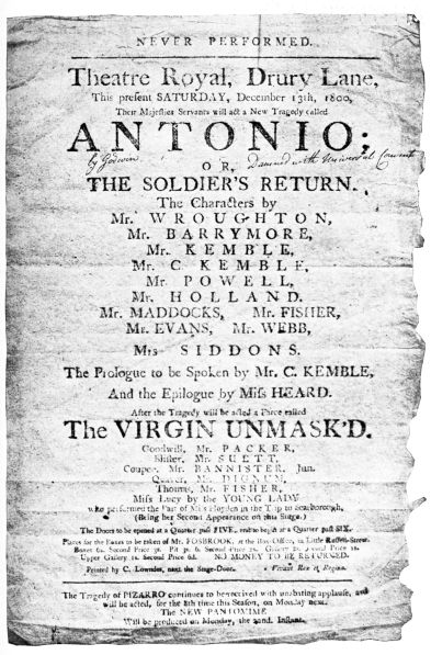 CHARLES LAMB’S PLAY-BILL OF “ANTONIO,” BY GODWIN. “DAMNED WITH UNIVERSAL CONSENT”