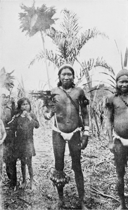 GUAMARES INDIANS, OF THE HUITOTO TRIBE, IN DANCE COSTUME.  To face p. 162.