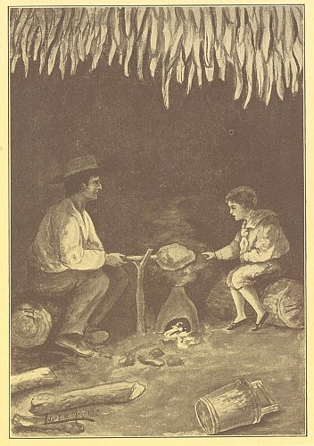 man and boy turning spit over fire