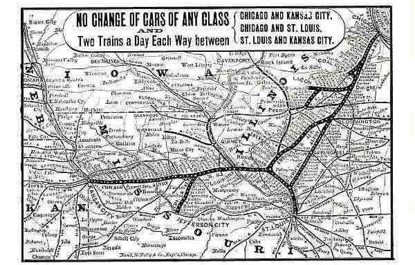 NO CHANGE OF CARS OF ANY CLASS AND Two Trains a Day Each Way between   {CHICAGO AND KANSAS CITY. {CHICAGO AND ST. LOUIS. {ST. LOUIS AND KANSAS CITY.