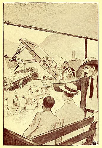man explaining excavation to man and boy sitting on bench