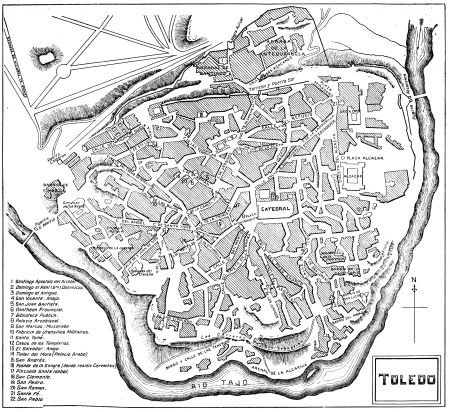 TOLEDO 1 Santiago Apostolo del Arrabal. 2 Domingo el Real (Sto) Dominicas. 3 Domingo el Antiguo. 4 San Vicente: Anejo. 5 San Juan Bautista. 6 Pantheon Provincial. 7 Biblioteca Publica. 8 Palazio Arzobiscal. 9 San Marcos: Muzarabe. 10 Fabricia de Utensilios Militaires. 11 Santo Tomé. 12 Casos de los Templarios. 13 El Salvador: Anejo. 14 Taller del Moro. (Palacio Arabe) 15 San Andrés. 16 Posada de la Sangre (donde residio Cervantes) 17 Plazueta Santa Isabel. 18 San Clemente. 19 San Pedro. 20 San Roman. 21 Santa Fé. 22 San Pablo.