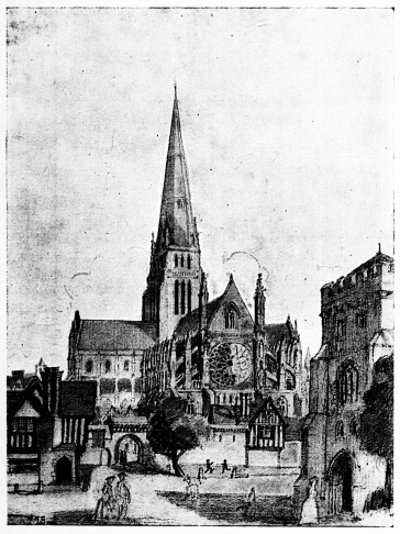 OLD ST. PAUL’S.  (From a drawing by Walter H. Godfrey, reconstructed from information obtained from leading authorities.)