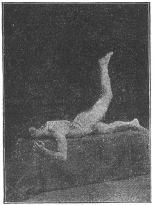 Exercise No. 10.—Reclining on stomach, raising left leg with knee straight, as high as possible; same with right.