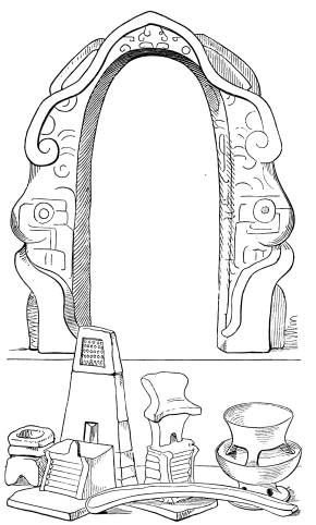 YOKE, KNIFE, SMALL VASES AND ALTARS USED IN AZTEC SACRIFICES.