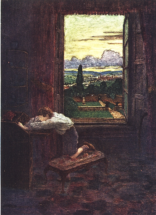 boy ooking in desk by open window