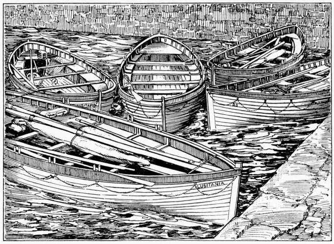 Image unavailable: THE LUSITANIA’S LIFE BOATS IN THE SLIP AT QUEENSTOWN (From a pen-and-ink drawing after a photograph)