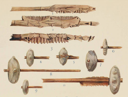 Carved Wooden Clubs and Stone Clubs.
