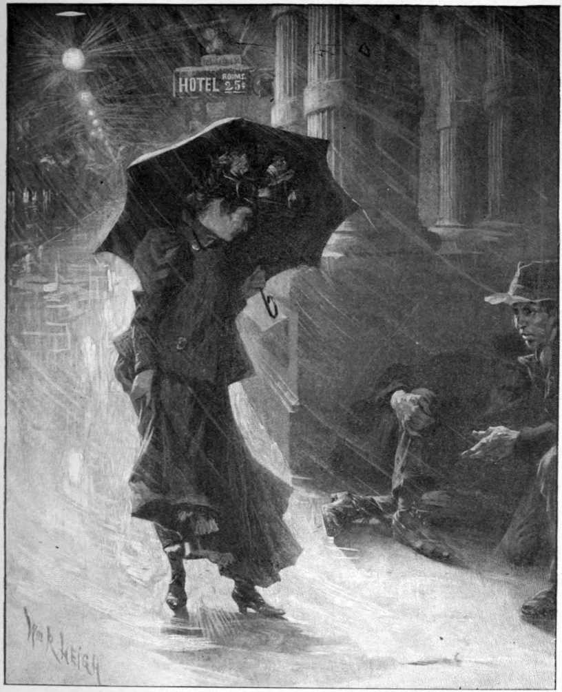 It is raining.   A woman with an umbrella over her head stands in front of men sitting on the sidewalk.