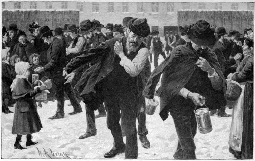 A street scene with mostly men. A few children and women are visible carrying pails and baskets.