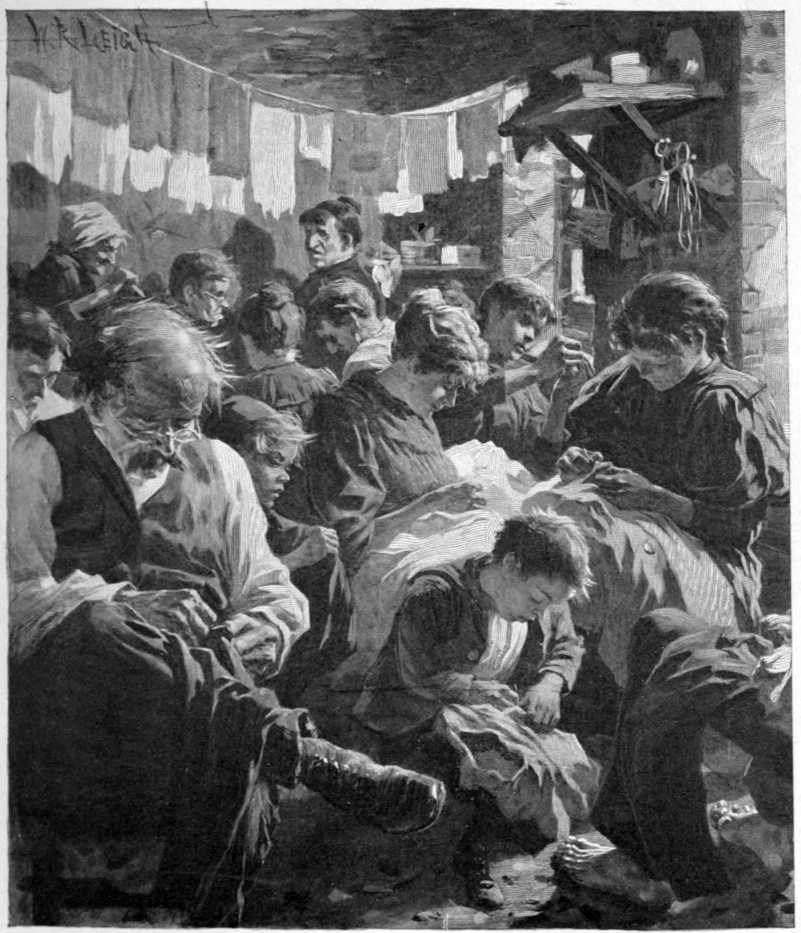 About ten men, women, and children are crowded together in a room. Most appear to be sewing.