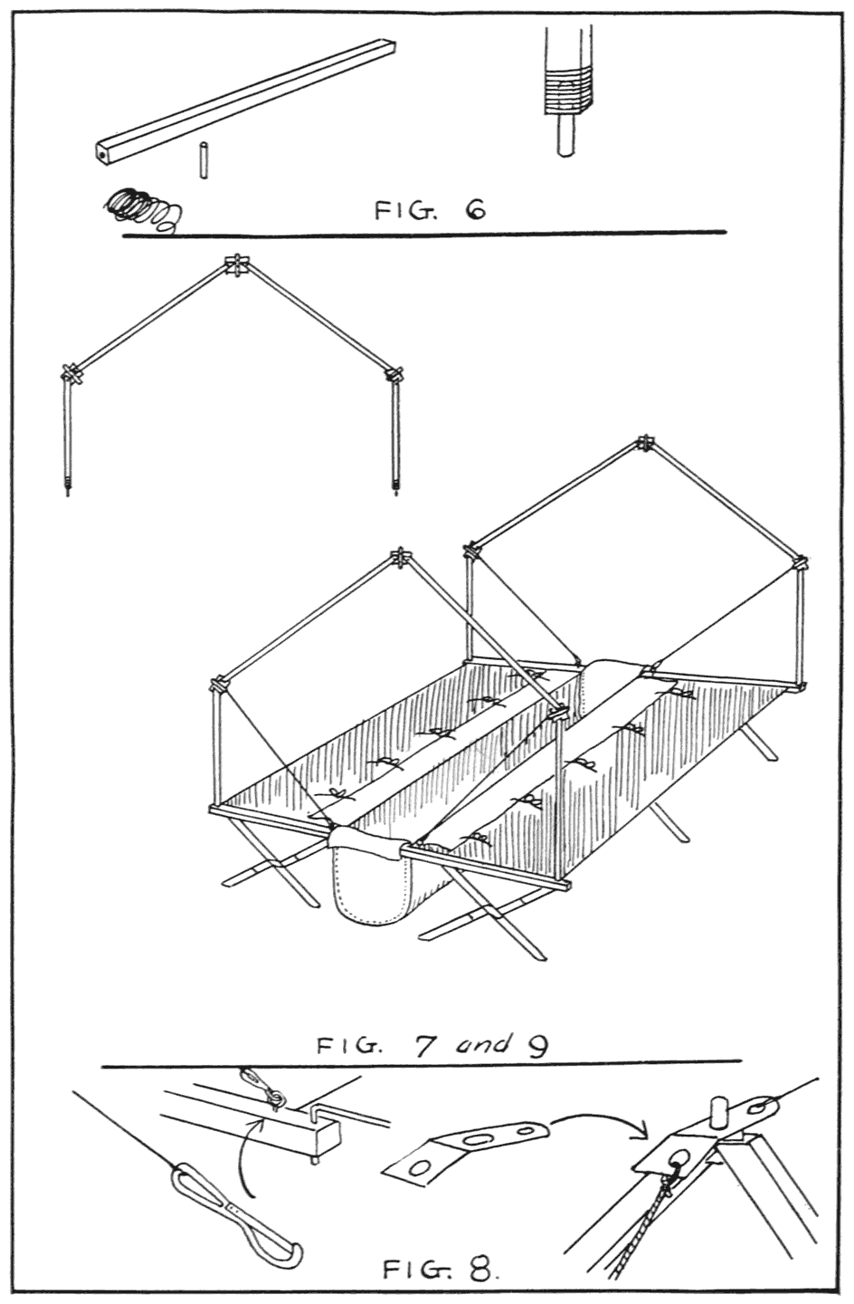 Detail of framework of home-made camping outfit. Note in Fig. 6 how the little piece of dowel stick is inserted into the upright of the tent frame. Figs. 7 and 9 show how the frame and cots are assembled, while Fig. 8 gives detail for wiring.