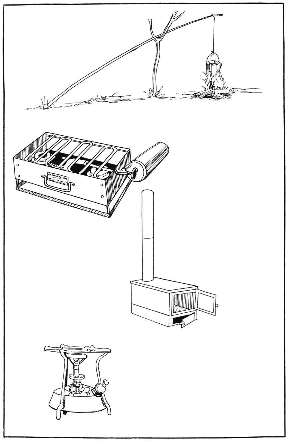 Various kinds of cooking apparatus. At the top is the dingle stick; immediately below is the Kampkook gasoline stove; to the right of the Kampkook is the Livingood stove burning solid fuel and having the advantage of folding into a flat form when not in use. At the lower left is the Juwel, a kerosene burner.