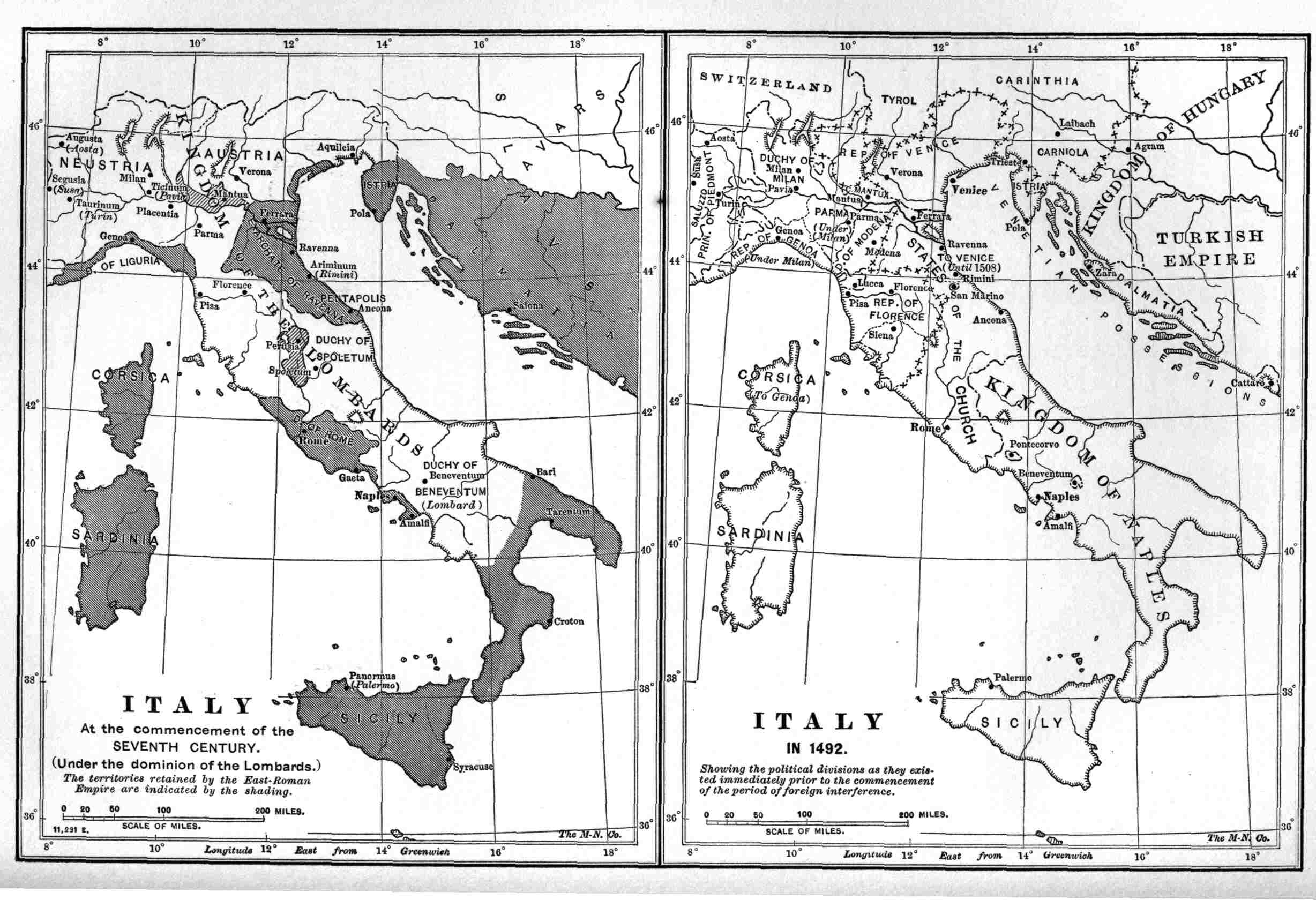 Two maps of Italy, at the beginning of the Seventh Century, and A. D. 1492.