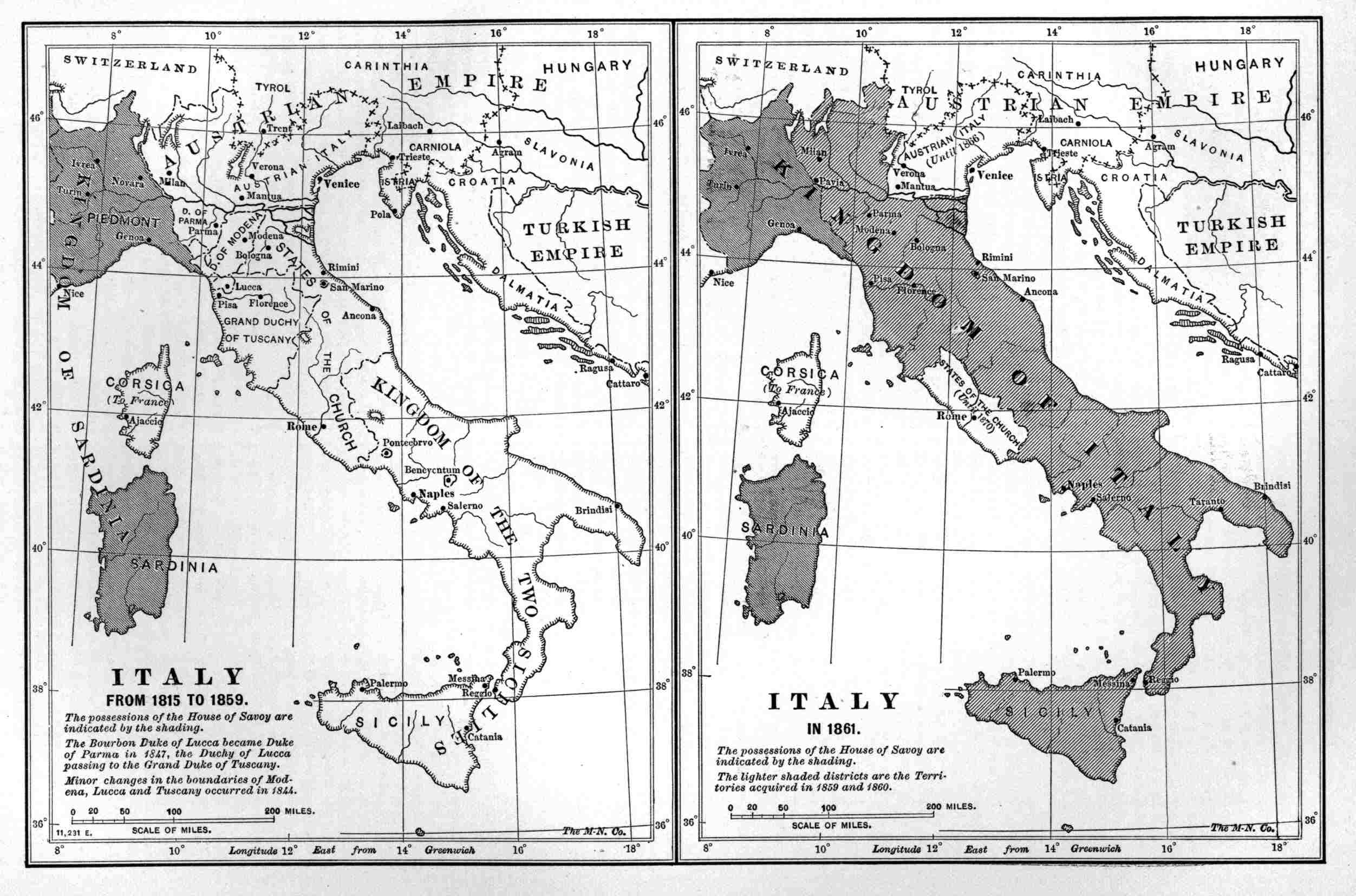 Two maps of Italy, A. D. 1815 to 1859, and 1861.