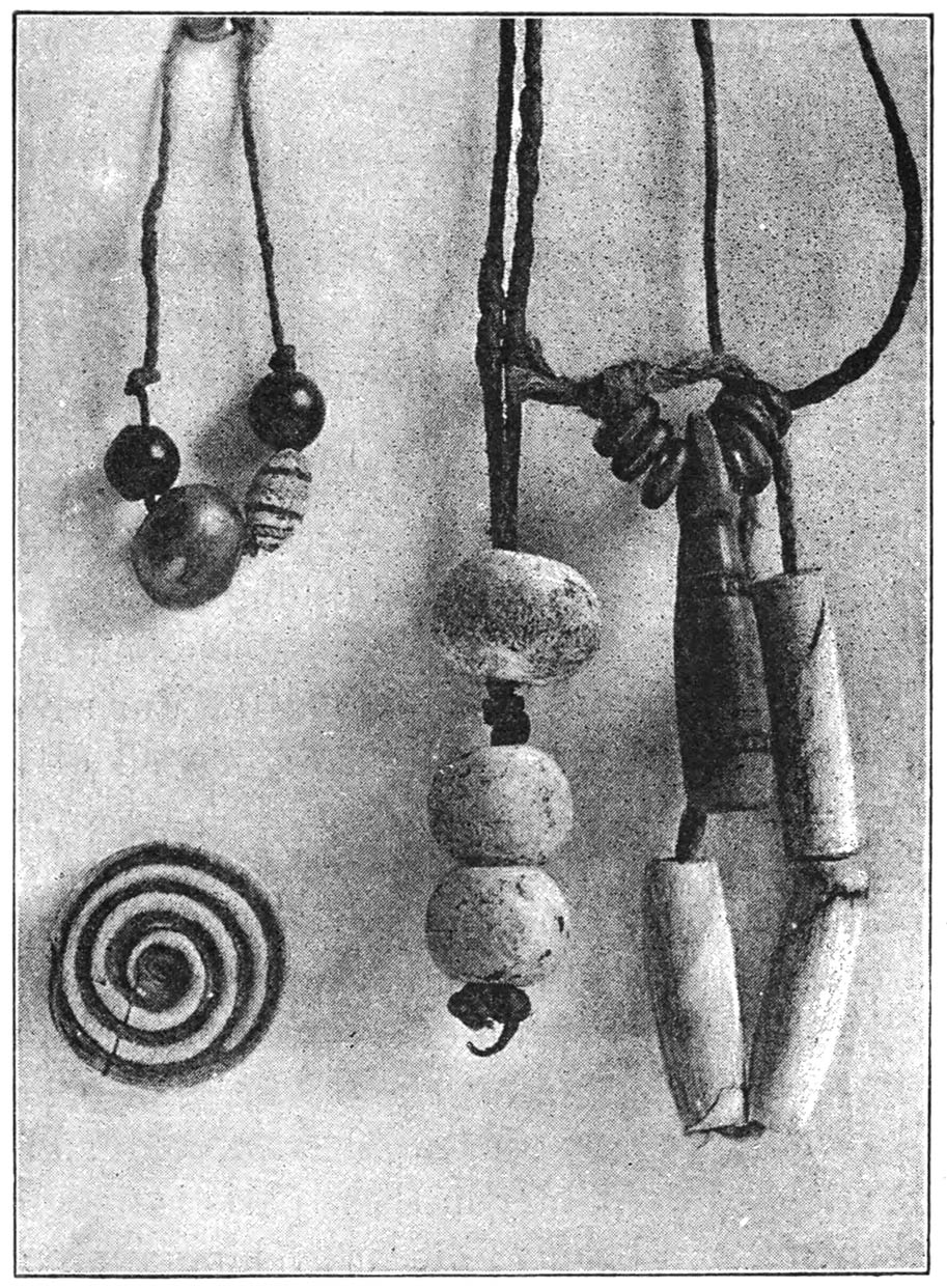 THREE VENETIAN BEADS; ONE COPPER BEAD; THREE OLD WHITE VENETIAN BEADS; BONE WHORL, MEDICINE PHIALS, AND BONE ORNAMENTS