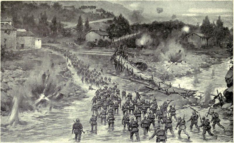 Troops crossing a river