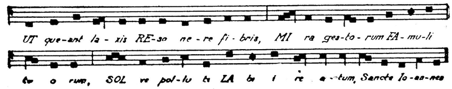 _UT que-ant la-xis RE-so ne-re fi-bris, MI ra ges-to-rum FA-mu-li tu o rum, SOL ve pol-lu ti LA bi a re a tumB͡C, Sancte Io-es-nes_