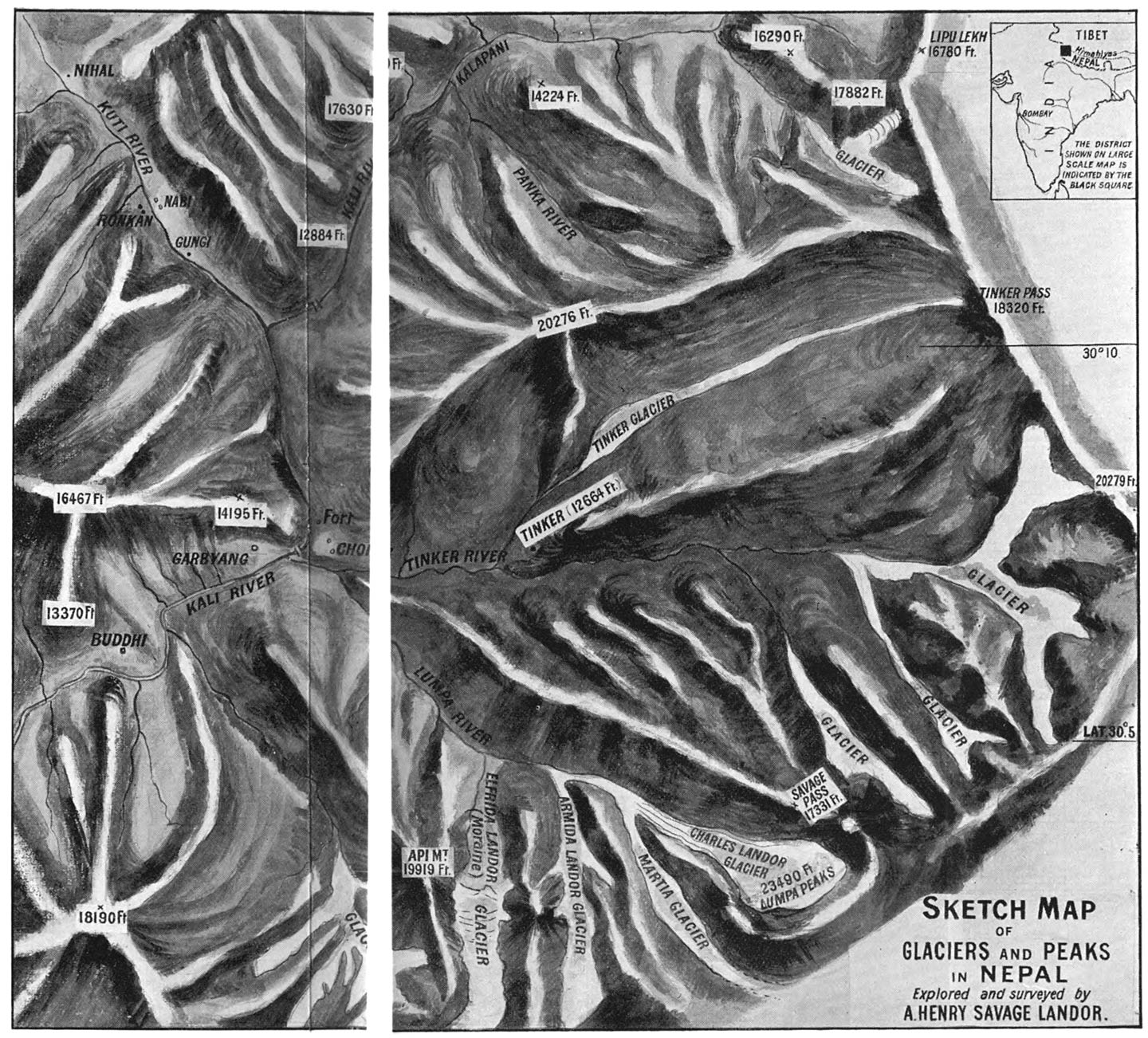 Sketch Map of Glaciers and Peaks in Nepal