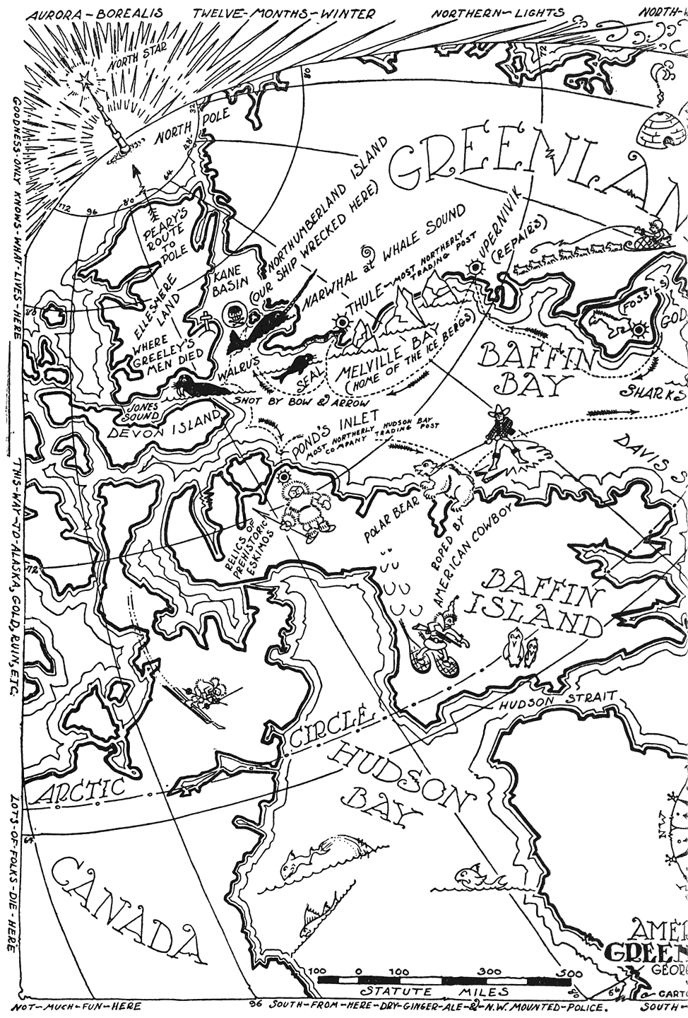 The left-hand side of a map of Northern Canada, Greenland, and the North Atlantic.