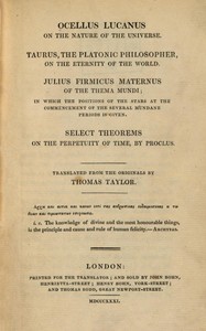 Ocellus Lucanus on the nature of the universe, Ocellus Lucanus, Julius Firmicus Maternus, Proclus, Lucius Calvenus Taurus, Thomas Taylor