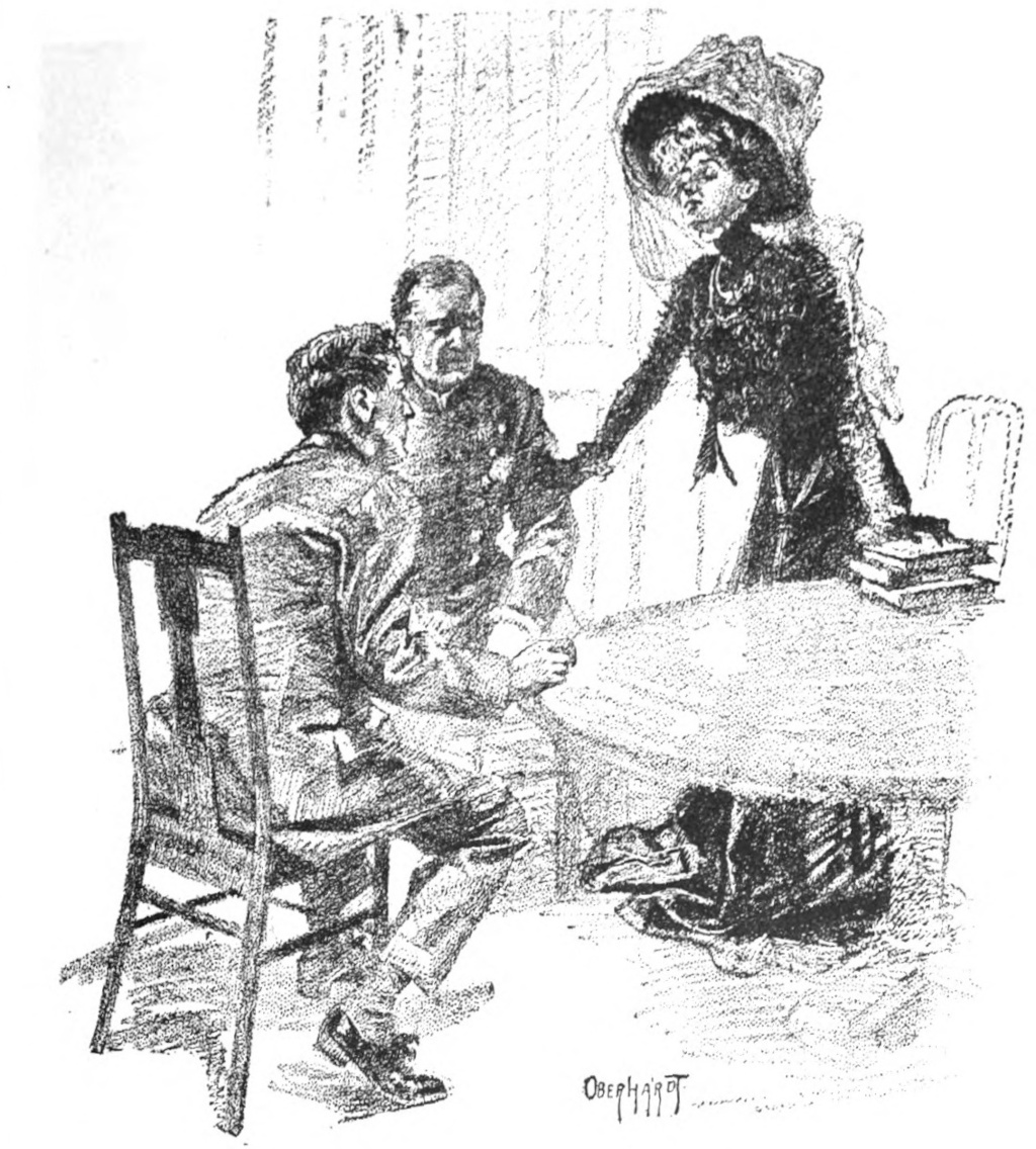 A gentleman, a man in a police       uniform, and a gentlewoman are speaking at a table. The woman is       dressed in black, with an elaborate hat and veil, and is       standing up from her chair, placing one hand on the arm of the       police officer as she speaks.