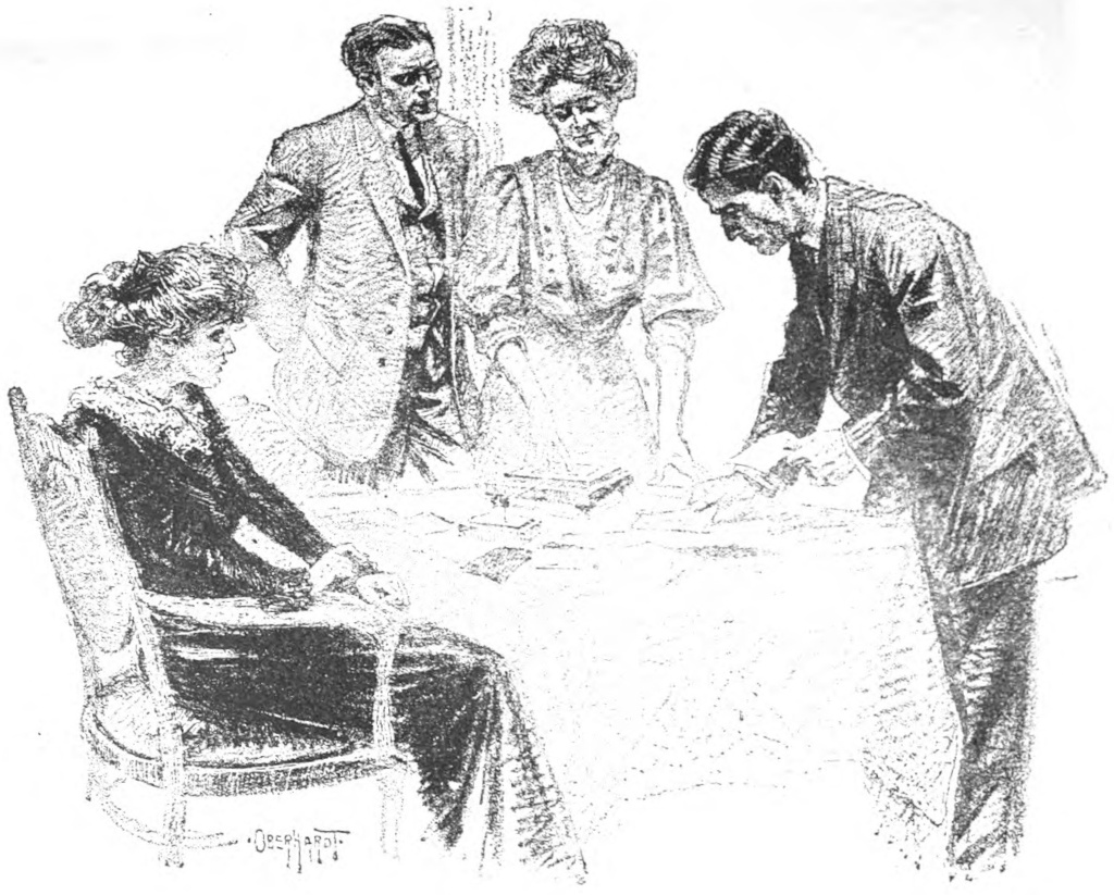 A table with four people around       it. A younger woman sits and watches the others. A gentleman       stands slightly behind the others. An older woman stands with       one hand resting on a flat instrument, and gazes at the cards       which a younger man is placing about her on the table.