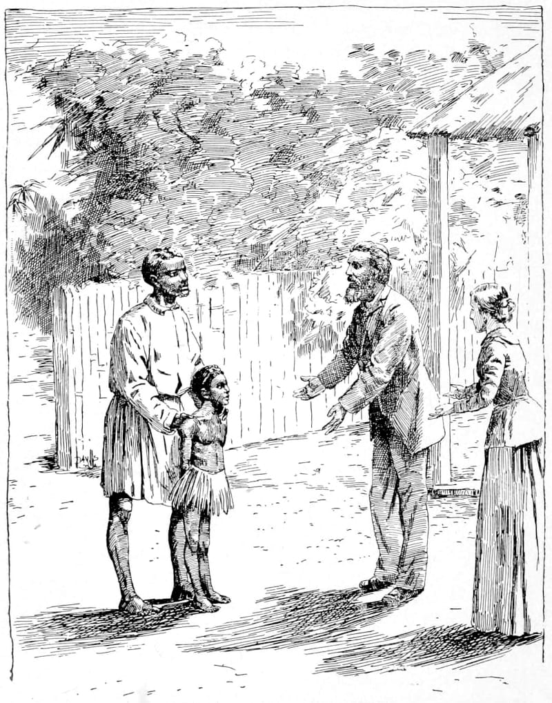 A man with child in front of an older man and woman.