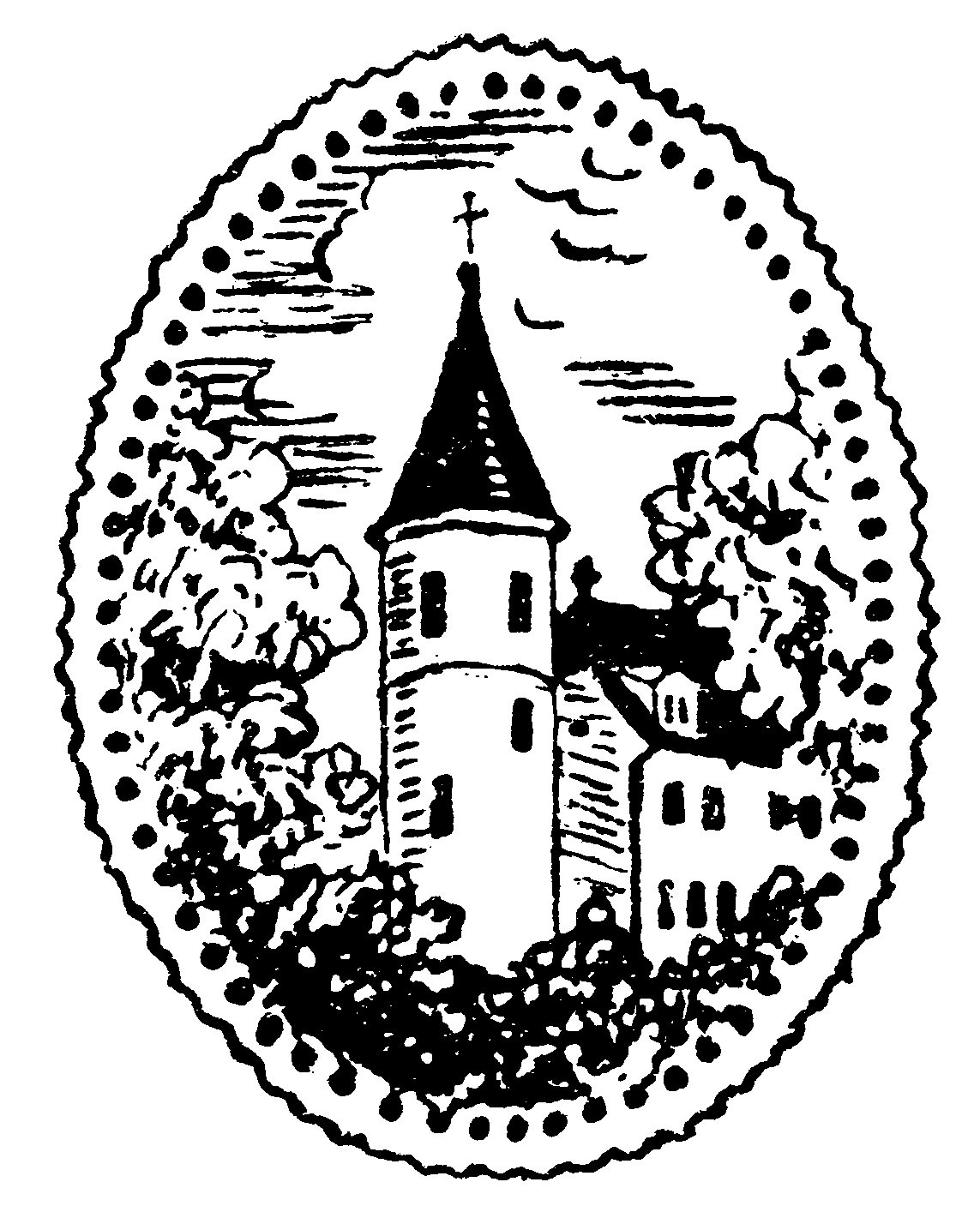 Siegelähnliche ovale Abbildung einer Kirche                                             mit rundem Turm