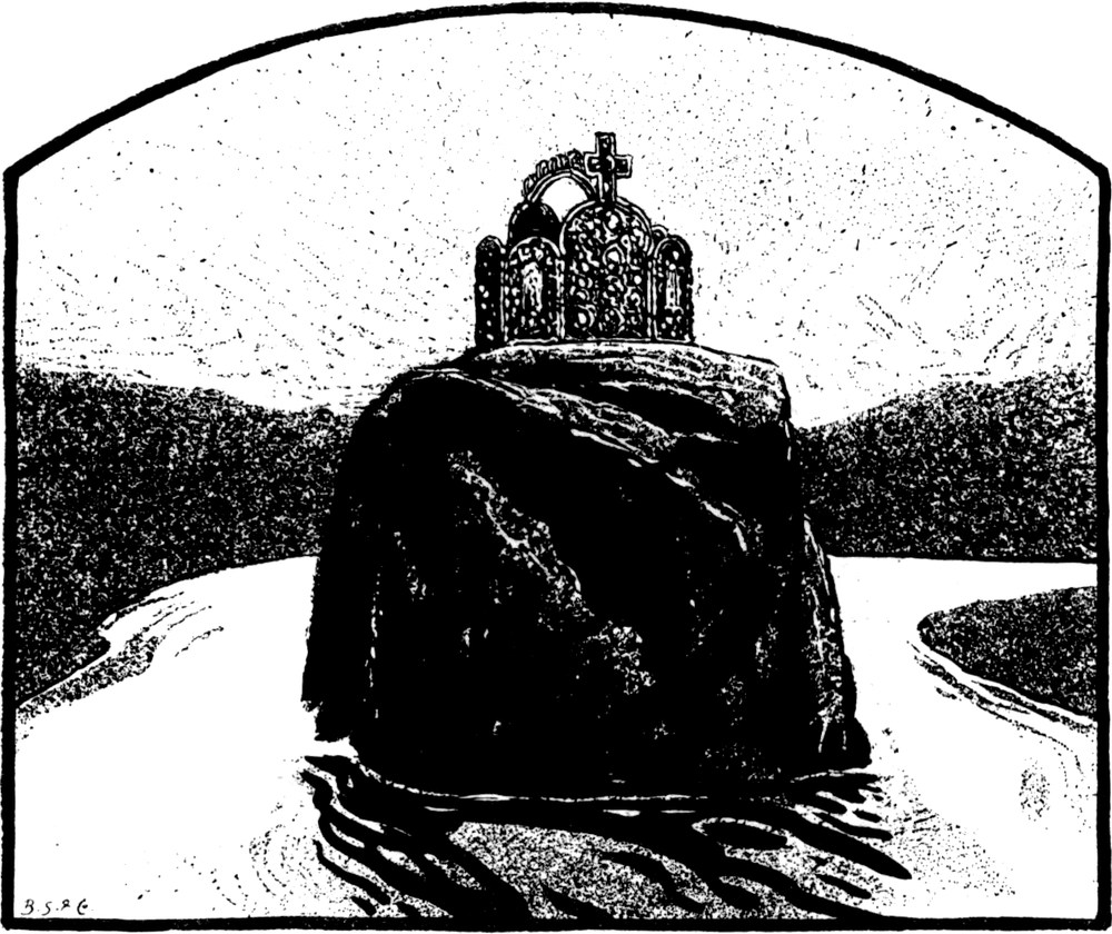 Krone auf einem Felsen in   einem Fluss