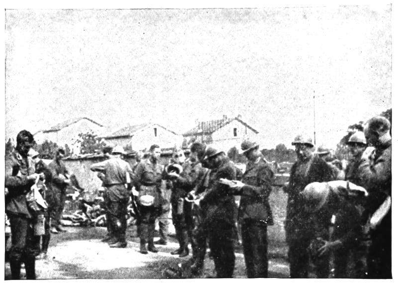 Many uniformed men at various stages of operating a gas mask.