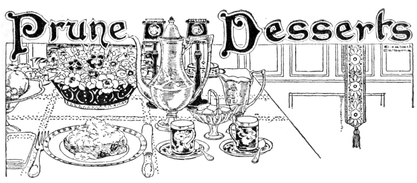 Black and white illustration of a prune cake dessert served on a plate on a kitchen table