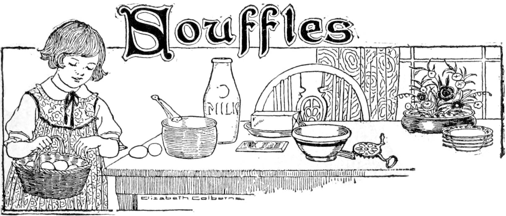 Black and white illustration of a child putting eggs from a basket on the kitchen table