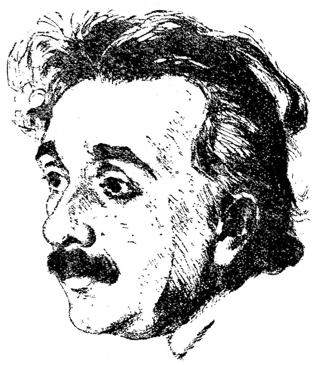 A black-and-white ink sketch of a Einstein's head, three-quarter view, looking upward. Wild, swept-back hair, heavy brow, deep-set eyes, broad nose, and a thick moustache.