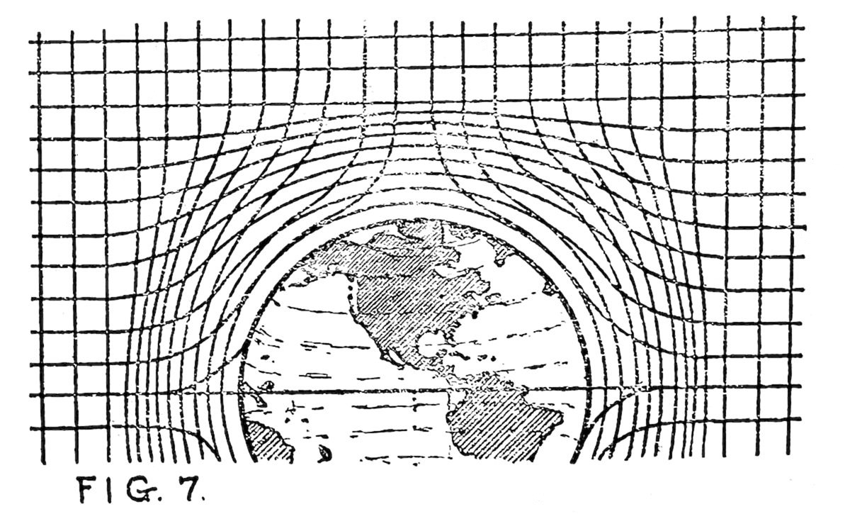 A diagram showing Earth with curved concentric lines arching over it, distorting a background rectangular grid — illustrating how mass warps spacetime, a visual metaphor for gravitational curvature.