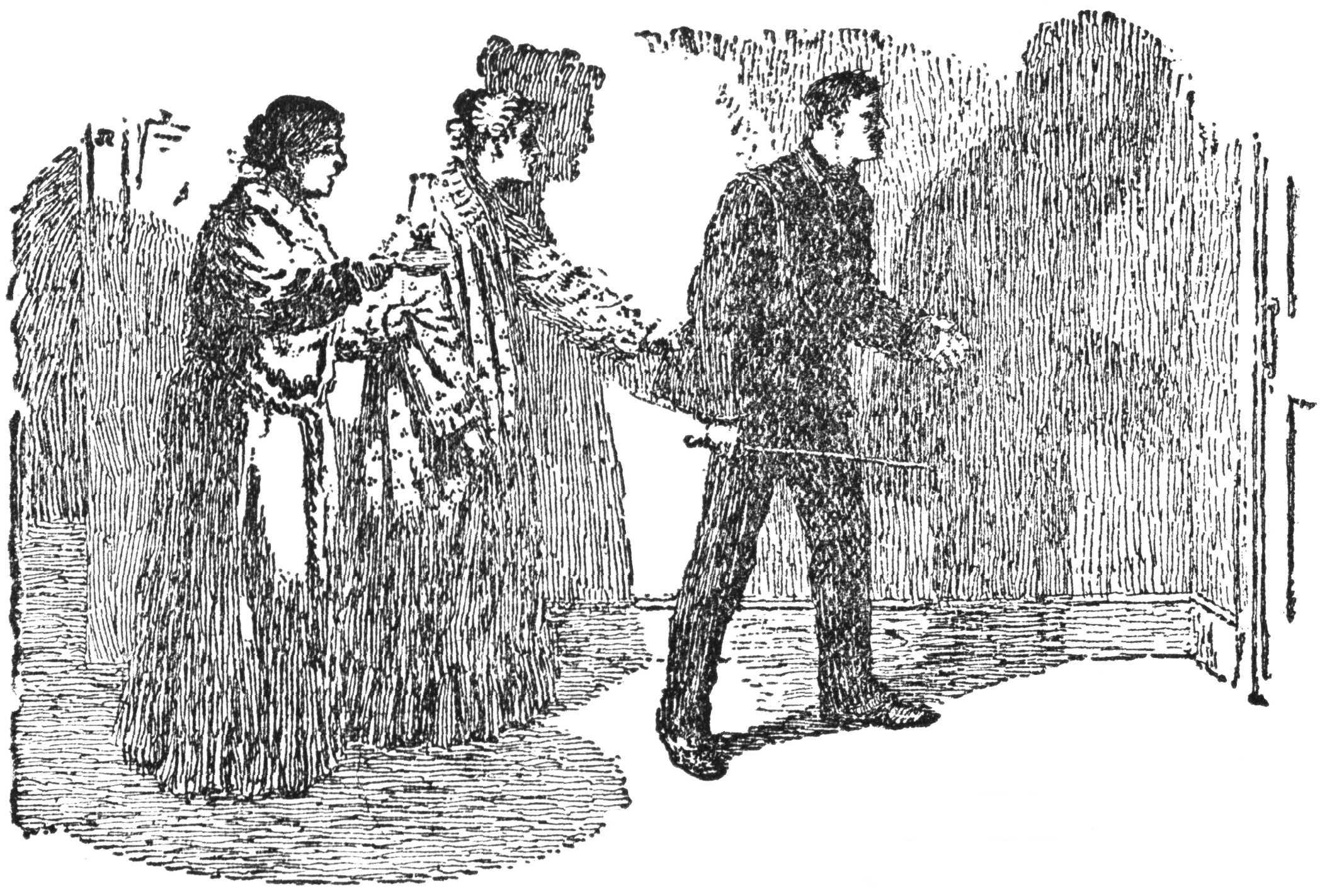 Three people looking at a closed door