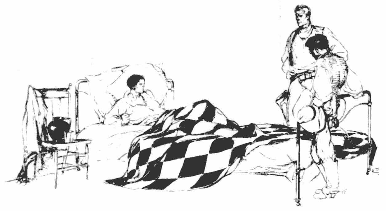 man in bed with two visitors