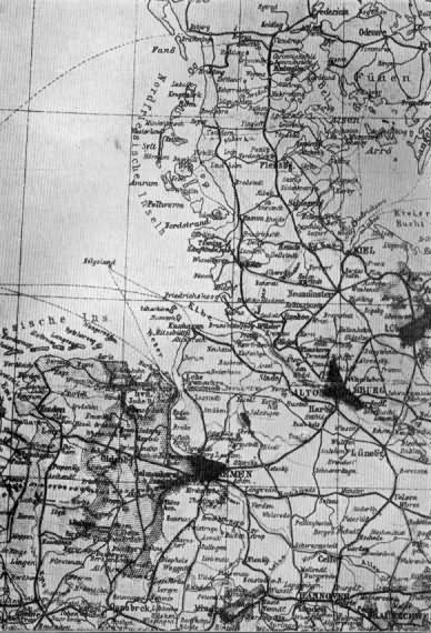 Map Which Private Simmons Got from the Canadian Artist
At Giessen, and Which Was Sewed Inside the Pasteboard of his Cap. His
Successful Journey from Selsingen to Holland is Indicated by the Dotted
Line ............   The Unsuccessful Attempt is Shown ---------- From
Oldenburg