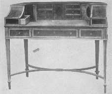 These copies of rare old pieces of furniture are of the
best. The choice of wood, the carving, the inlay, all show the highest
ideals. The Chinese Chippendale table shows the pagoda effect, and the
Hepplewhite desk has the charm of a secret drawer.