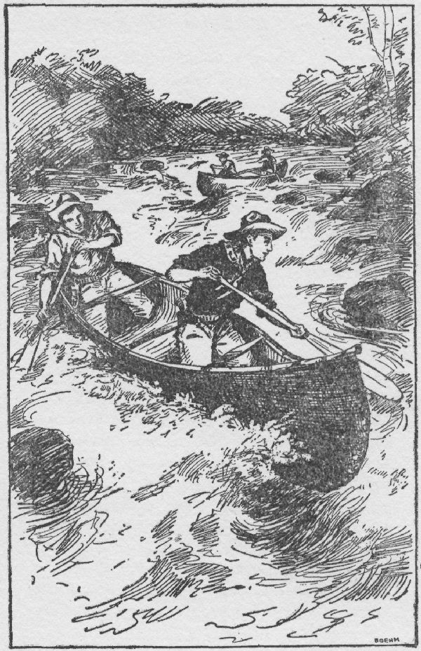 IMMEDIATELY THE TWO ADVENTUROUS CRUISERS WERE IN THE
RAPIDS.&mdash;Page 141. The Outdoor Chums After Big Game.