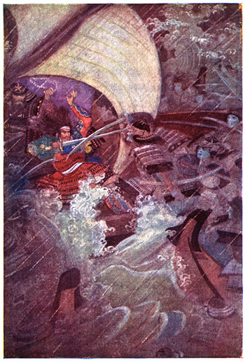 Yoshitsune en Benkei aangevallen door een troep spookachtige Krijgers van den stam der Taira&rsquo;s