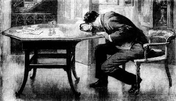 "He threw his arms on the table before him, and hid his
face"