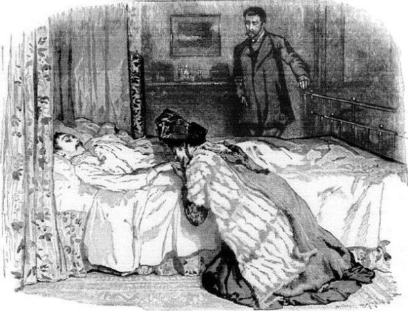 "She threw herself on her knees by the bedside and
seized his hand."