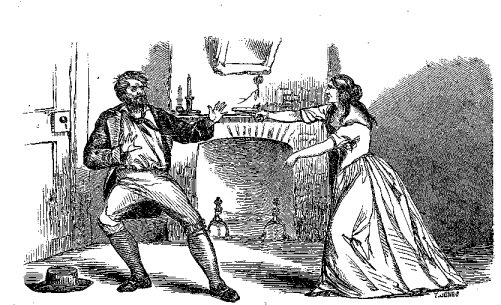 "And drawing a pistol, which some freak had caused her to conceal in her
dress, she made it ready, and, with her finger on the trigger, aimed it at his
heart."&mdash;See page 29.